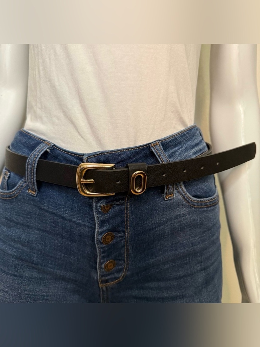 Black PU distressed leather skinny belt with minimalist gold tone buckle